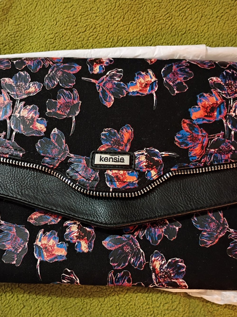 kensie Floral Black Fold-Over Clutch